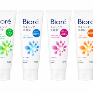 Bioré Facial Wash com quatro versões: Acne Care, Moisture, Scrub In e Rich Moisture